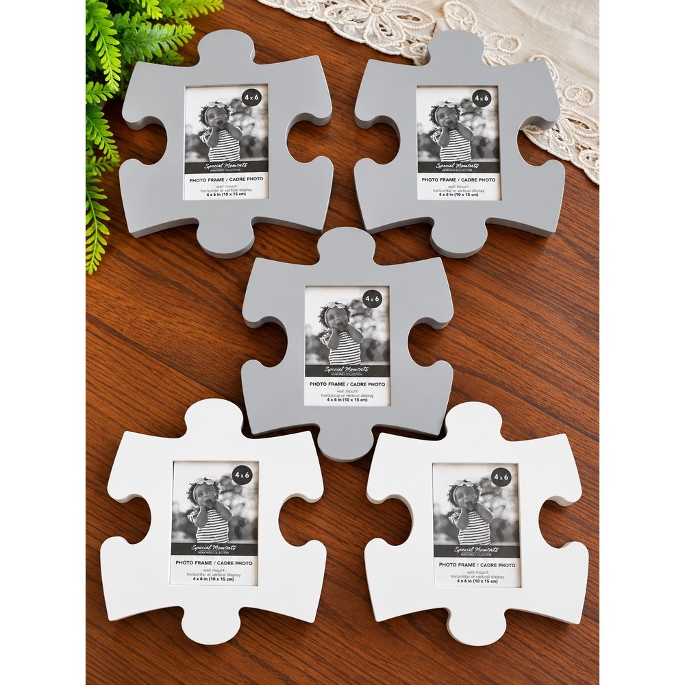 Special Moments Set of 5 Puzzle Piece Photo Frames Grey White 4x6 Wall Mount